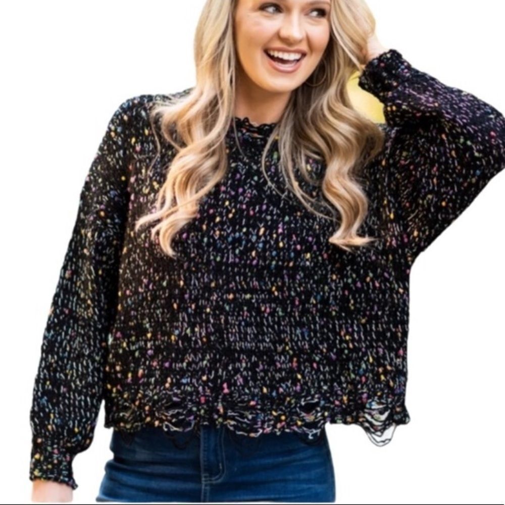 NWOT JODIFL Black Confetti Distressed Sweater Small